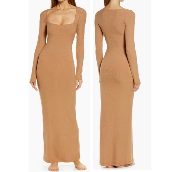 SKIMS Women's Camel Shimmer Long Sleeve Maxi Dress Large NWT - Picture 1 of 6
